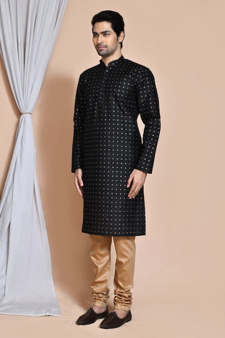 Arihant Rai Sinha_Black Silk, Chanderi Embroidery Checkered Kurta Set _at_Aza_Fashions