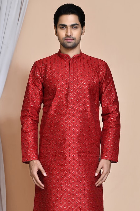 Buy_Arihant Rai Sinha_Maroon , Chanderi Sequins, Embroidery Checkered Kurta And Churidar Set _Online_at_Aza_Fashions