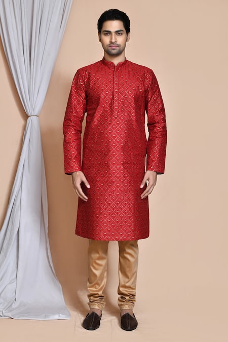 Shop_Arihant Rai Sinha_Maroon , Chanderi Sequins, Embroidery Checkered Kurta And Churidar Set _Online_at_Aza_Fashions