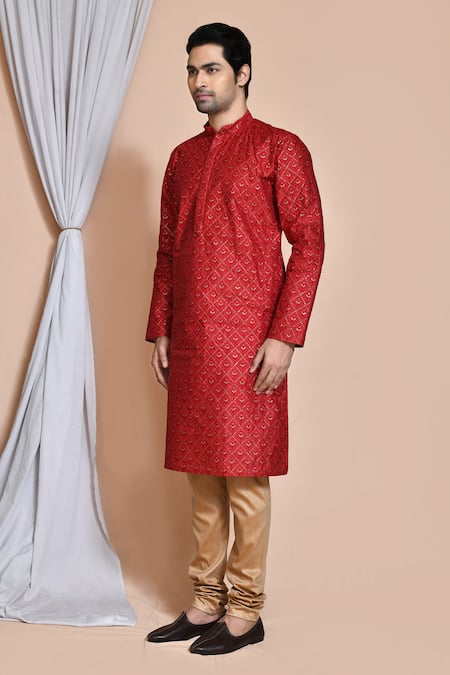 Arihant Rai Sinha_Maroon , Chanderi Sequins, Embroidery Checkered Kurta And Churidar Set _at_Aza_Fashions