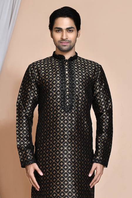 Shop_Arihant Rai Sinha_Black Chanderi , Sequins, Embroidery Checkered Woven Kurta Set _Online_at_Aza_Fashions
