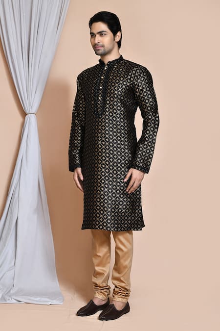 Arihant Rai Sinha_Black Chanderi , Sequins, Embroidery Checkered Woven Kurta Set _at_Aza_Fashions