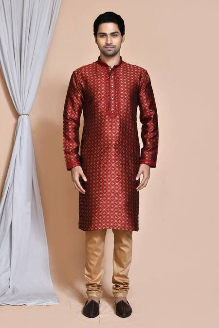 Buy_Arihant Rai Sinha_Maroon Silk, Chanderi Sequins, Embroidery, Diamonds Woven Kurta Set _Online_at_Aza_Fashions