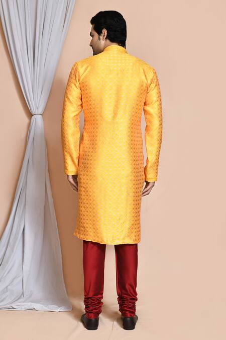 Shop_Arihant Rai Sinha_Yellow Silk Sequins, Embroidery Diamond Pattern Kurta Set _at_Aza_Fashions