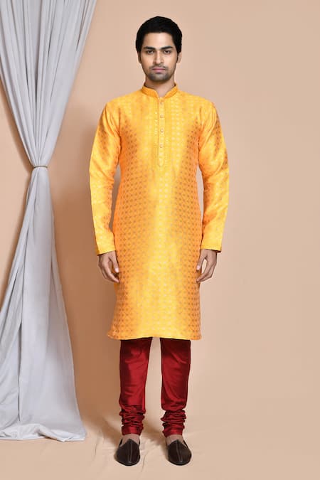 Arihant Rai Sinha_Yellow Silk Sequins, Embroidery Diamond Pattern Kurta Set _Online_at_Aza_Fashions