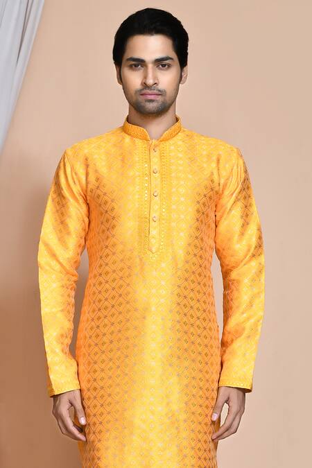 Buy_Arihant Rai Sinha_Yellow Silk Sequins, Embroidery Diamond Pattern Kurta Set _Online_at_Aza_Fashions