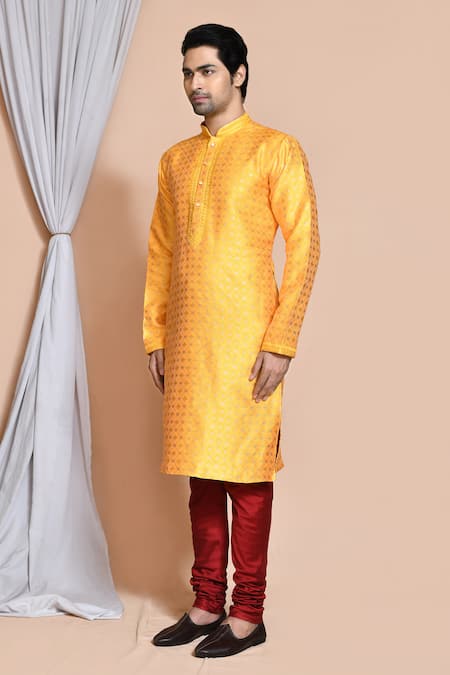 Shop_Arihant Rai Sinha_Yellow Silk Sequins, Embroidery Diamond Pattern Kurta Set _Online_at_Aza_Fashions