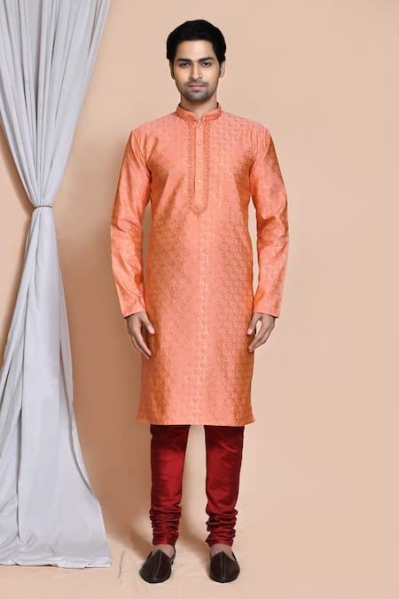 Buy_Arihant Rai Sinha_Orange Silk, Chanderi Embroidery Floral Kurta Set _Online_at_Aza_Fashions