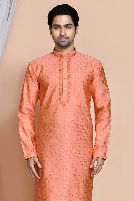 Shop Arihant Rai Sinha Orange Silk, Chanderi Embroidery Floral Kurta Set Online at Aza Fashions Shop_Arihant Rai Sinha_Orange Silk, Chanderi Embroidery Floral Kurta Set _Online_at_Aza_Fashions