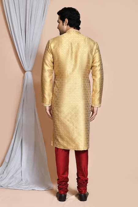 Shop_Arihant Rai Sinha_Gold , Satin Sequins, Embroidery Geometric Woven Kurta Set _at_Aza_Fashions