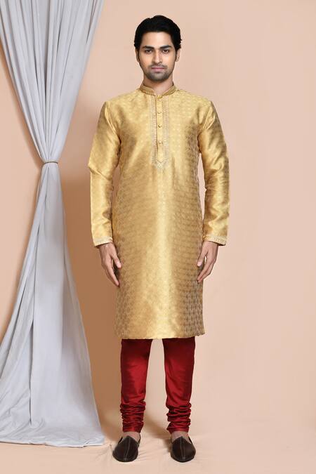 Buy_Arihant Rai Sinha_Gold , Satin Sequins, Embroidery Geometric Woven Kurta Set _Online_at_Aza_Fashions