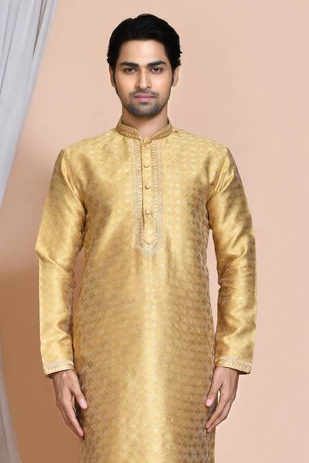 Shop_Arihant Rai Sinha_Gold , Satin Sequins, Embroidery Geometric Woven Kurta Set _Online_at_Aza_Fashions
