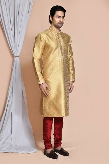 Arihant Rai Sinha_Gold , Satin Sequins, Embroidery Geometric Woven Kurta Set _at_Aza_Fashions
