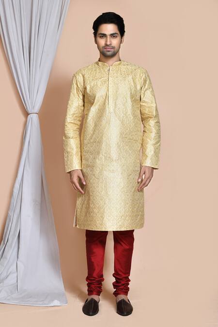 Buy_Arihant Rai Sinha_Gold Silk Embroidery Resham Work Kurta And Churidar Set _Online_at_Aza_Fashions