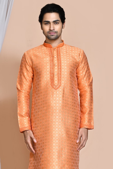 Shop_Arihant Rai Sinha_Orange , Chanderi Sequins, Diamond Woven Kurta And Churidar Set _Online_at_Aza_Fashions