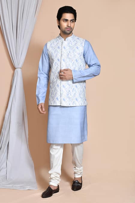 Arihant Rai Sinha Blue Cotton Chevron Woven Bundi And Kurta Set 