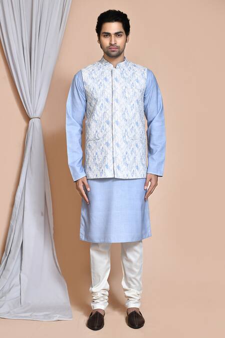 Arihant Rai Sinha Blue Cotton Chevron Woven Bundi And Kurta Set Online at Aza Fashions Arihant Rai Sinha_Blue Cotton Chevron Woven Bundi And Kurta Set _Online_at_Aza_Fashions