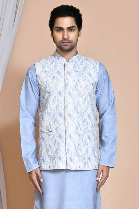 Buy Arihant Rai Sinha Blue Cotton Chevron Woven Bundi And Kurta Set Online at Aza Fashions Buy_Arihant Rai Sinha_Blue Cotton Chevron Woven Bundi And Kurta Set _Online_at_Aza_Fashions