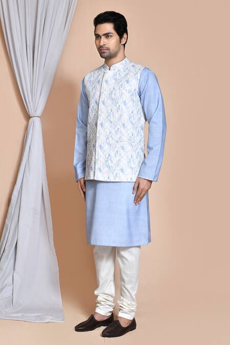 Shop_Arihant Rai Sinha_Blue Cotton Chevron Woven Bundi And Kurta Set _Online_at_Aza_Fashions