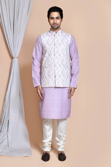 Buy_Arihant Rai Sinha_Purple Cotton Woven Chevron Bundi And Kurta Set _Online_at_Aza_Fashions