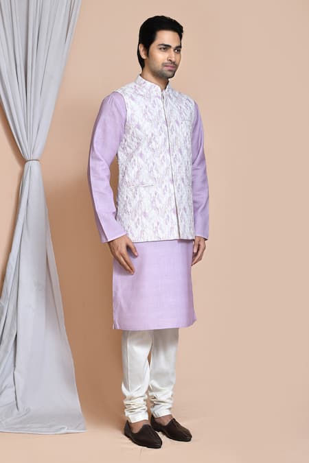 Arihant Rai Sinha_Purple Cotton Woven Chevron Bundi And Kurta Set _at_Aza_Fashions