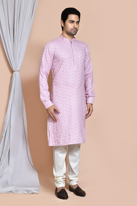 Arihant Rai Sinha_Pink Cotton Embroidery Stripe Kurta Set _at_Aza_Fashions