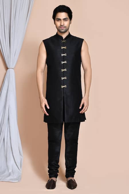 Buy_Arihant Rai Sinha_Blue Silk Embroidery Geometric Pattern Sherwani Jacket Churidar Set _Online_at_Aza_Fashions