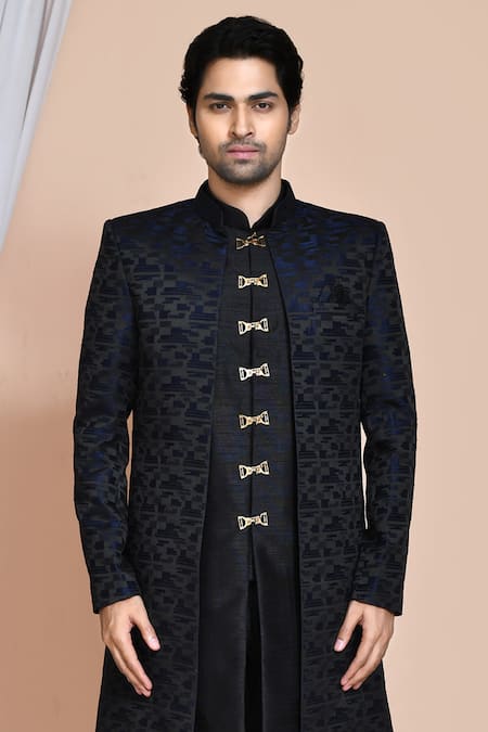 Shop_Arihant Rai Sinha_Blue Silk Embroidery Geometric Pattern Sherwani Jacket Churidar Set _Online_at_Aza_Fashions
