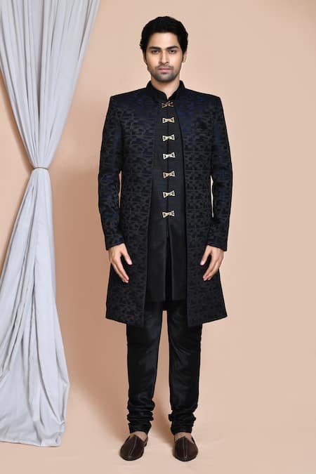 Arihant Rai Sinha_Blue Silk Embroidery Geometric Pattern Sherwani Jacket Churidar Set _at_Aza_Fashions