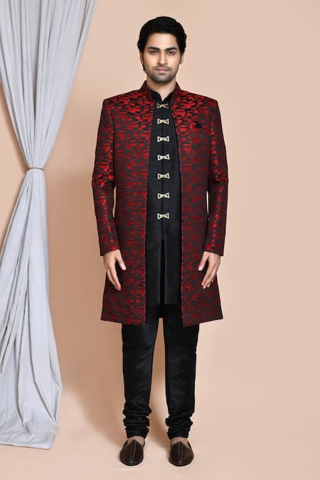 Buy_Arihant Rai Sinha_Maroon Silk Embroidery Abstract Geometric Pattern Sherwani Jacket Churidar Set _Online_at_Aza_Fashions