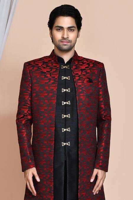 Shop_Arihant Rai Sinha_Maroon Silk Embroidery Abstract Geometric Pattern Sherwani Jacket Churidar Set _Online_at_Aza_Fashions