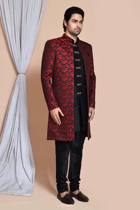 Arihant Rai Sinha_Maroon Silk Embroidery Abstract Geometric Pattern Sherwani Jacket Churidar Set _at_Aza_Fashions