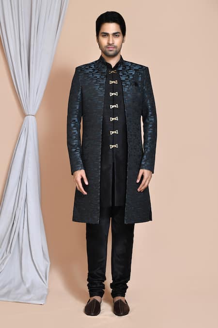 Buy_Arihant Rai Sinha_Grey Silk Abstract Pattern Sherwani Jacket Churidar Set _Online_at_Aza_Fashions