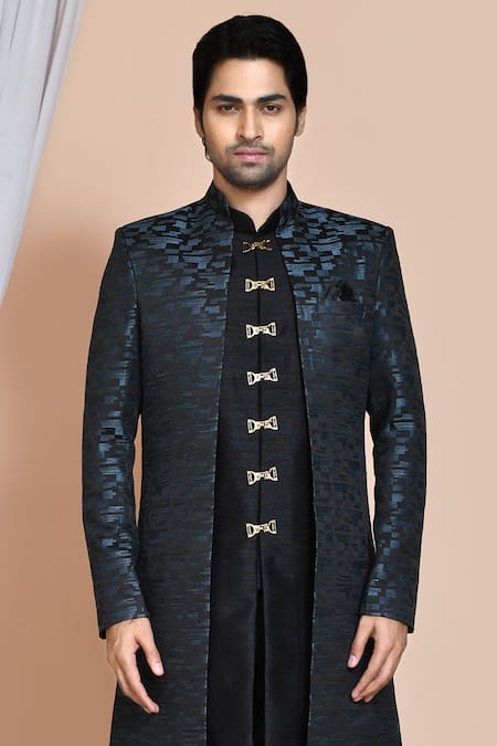 Shop_Arihant Rai Sinha_Grey Silk Abstract Pattern Sherwani Jacket Churidar Set _Online_at_Aza_Fashions