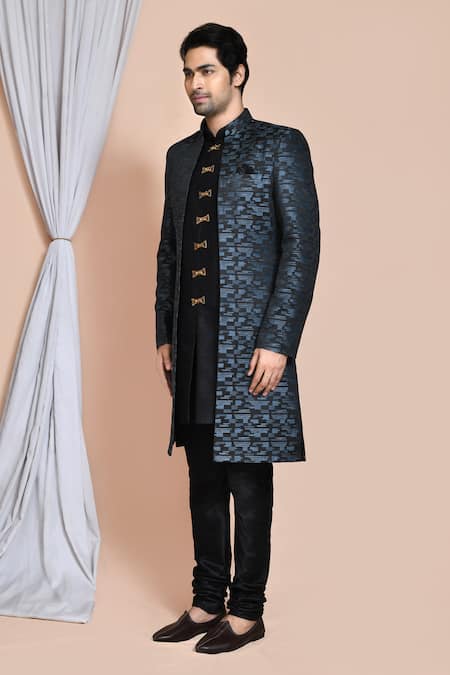 Arihant Rai Sinha_Grey Silk Abstract Pattern Sherwani Jacket Churidar Set _at_Aza_Fashions
