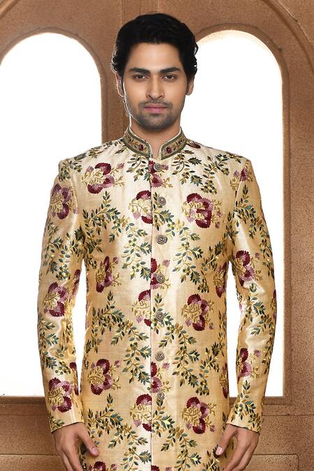 Buy_Arihant Rai Sinha_Multi Color , Chanderi Embroidery Floral Sherwani With Churidar _Online_at_Aza_Fashions