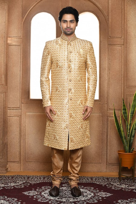 Buy_Arihant Rai Sinha_Beige Silk Embroidery Trellis Sherwani With Churidar_Online_at_Aza_Fashions