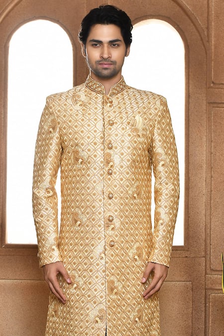 Shop_Arihant Rai Sinha_Beige Silk Embroidery Trellis Sherwani With Churidar_Online_at_Aza_Fashions