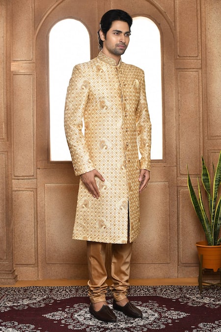 Arihant Rai Sinha_Beige Silk Embroidery Trellis Sherwani With Churidar_at_Aza_Fashions