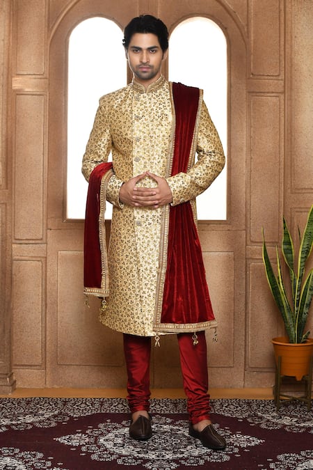 Aryavir Malhotra Flower Resham Embroidered Sherwani Churidar Set 