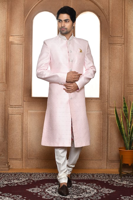 Aryavir Malhotra Pink Sherwani Art Silk Woven Mandala Square Pattern Straight With Churidar