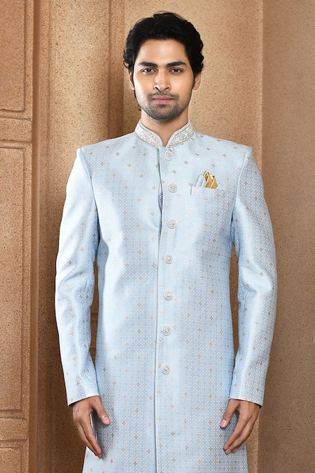 Buy_Arihant Rai Sinha_Blue Silk, Chanderi Embroidery Floral Butti Pattern Sherwani With Churidar _Online_at_Aza_Fashions
