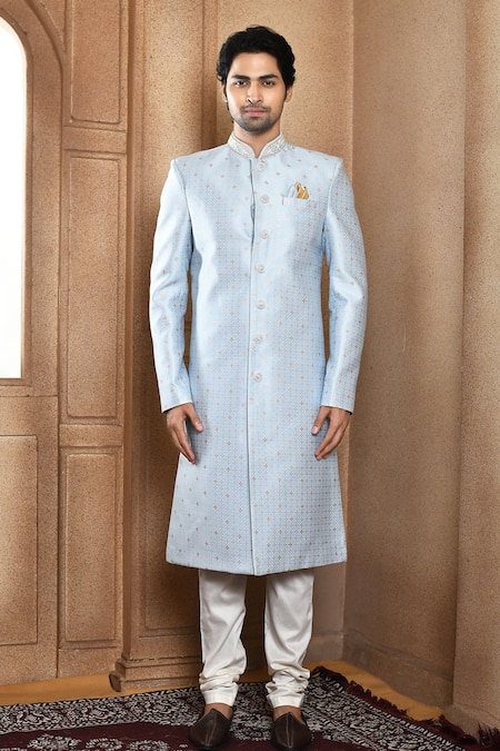 Shop_Arihant Rai Sinha_Blue Silk, Chanderi Embroidery Floral Butti Pattern Sherwani With Churidar _Online_at_Aza_Fashions