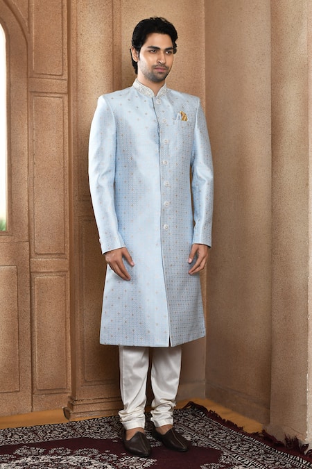 Arihant Rai Sinha_Blue Silk, Chanderi Embroidery Floral Butti Pattern Sherwani With Churidar _at_Aza_Fashions