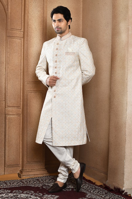 Aryavir Malhotra Off White Sherwani Art Silk Embroidery Resham Jaal With Churidar 