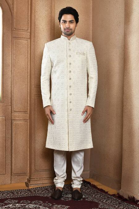 Arihant Rai Sinha_Off White , Chanderi Embroidery Flower Bloom Sherwani With Churidar_at_Aza_Fashions