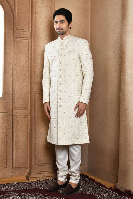 Buy_Arihant Rai Sinha_Off White , Chanderi Embroidery Flower Bloom Sherwani With Churidar