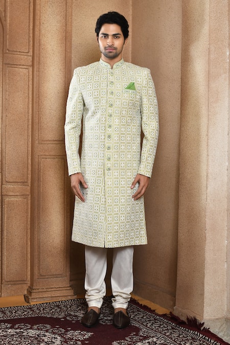 Buy_Arihant Rai Sinha_Green Silk Embroidery Flower Butti Sherwani With Churidar_Online_at_Aza_Fashions