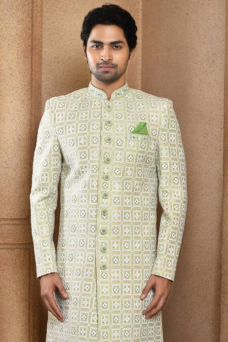 Shop_Arihant Rai Sinha_Green Silk Embroidery Flower Butti Sherwani With Churidar_Online_at_Aza_Fashions