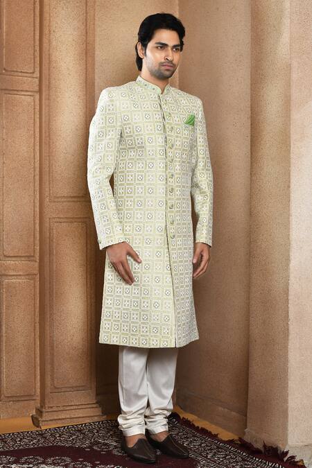 Arihant Rai Sinha_Green Silk Embroidery Flower Butti Sherwani With Churidar_at_Aza_Fashions